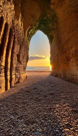 Breathtaking Sunset Illuminates Majestic Rock Arch, Creating a Stunning Coastal Landscape Sceneの素材