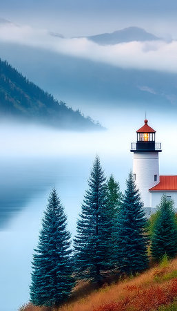 Stunning Coastal Landscape with Majestic Lighthouse, Lush Pine Trees, and Misty Horizon Viewの素材