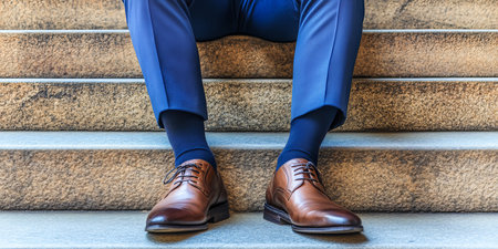 Contemplative Business Professional in Formal Attire Seated on Classic Architectural Staircaseの素材