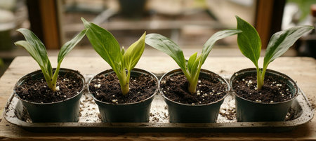 Vibrant Spring Seedlings Thriving in Pots, Early Growth Unfolds with Promising Leaves and Careの素材