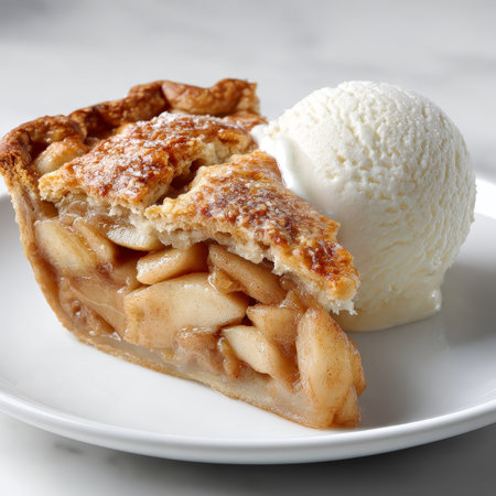 Delicious slice of apple pie topped with creamy vanilla ice cream on a white plate, dessert delight.の素材