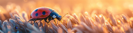Intricate Closeup of a Scarlet Ladybug Exploring a Gleaming Floral Tapestry in Captivating Detailの素材