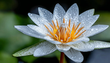 Delicate White Lotus Blossom Unveiling Its Golden Heart, Adorned with Sparkling Dewdrops in Natureの素材