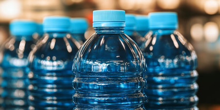 Hydration Station A Refreshing Close-up on Multiple Blue Plastic Water Bottles for Healthy Livingの素材