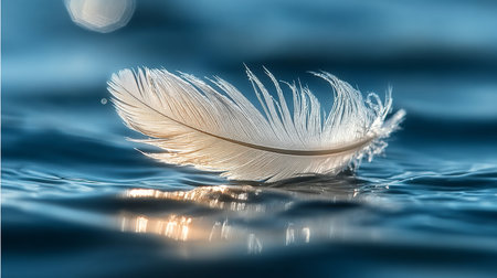 A delicate feather gently floating on calm water, embodying serenity and the beauty of nature.の素材