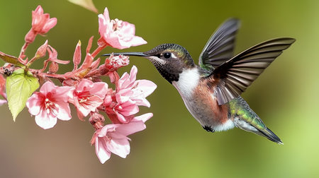 Hummingbird sipping nectar from light pink cherry blossoms in a vibrant garden setting.の素材