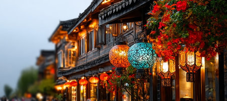 Stunning Asian Night Streetscape Lanterns Illuminate Traditional Architecture and Vibrant Cultureの素材