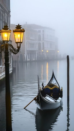 Serene Gondola Drift Amidst Morning Fog, Illuminated Lampposts Create a Dreamlike Atmosphere at Dawnの素材