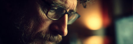 Creative Professional with Glasses Deep in Thought, Bathed in Soft Colors, Inspiring Insightsの素材