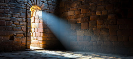 Mysterious Old Stone Cellar Interior Brightly Lit by Light Streaming Through a Narrow Windowの素材