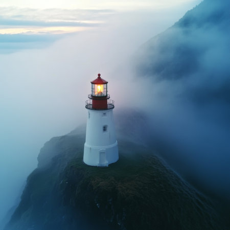 Majestic Coastal Lighthouse Standing Tall Against the Stormy Sky, Guiding Ships Safely to Shoreの素材
