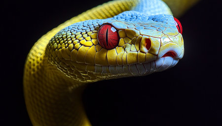 Mesmerizing Close-Up of a Vibrant Yellow Snake with Striking Red Eyes Against a Dark Backgroundの素材