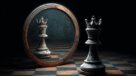 Strategic Chess Game with Reflective Pieces in a Mirror, Symbolizing Leadership and Self-Perceptionの素材