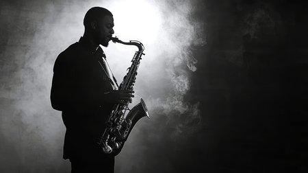 Dramatic Silhouette of a Talented Saxophonist Creating Melodic Sounds Amidst a Smoky Atmosphereの素材
