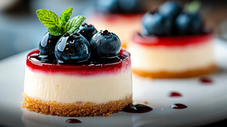 Delicious Miniature Cheesecakes Topped with Fresh Blueberries and Glorious Fruit Glaze Shineの素材