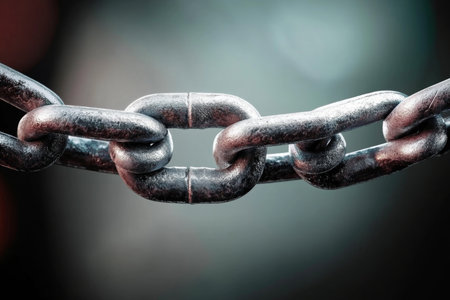 Interlocking Metallic Chain Links Symbolizing Connection and Strength in a Robust Industrial Themeの素材