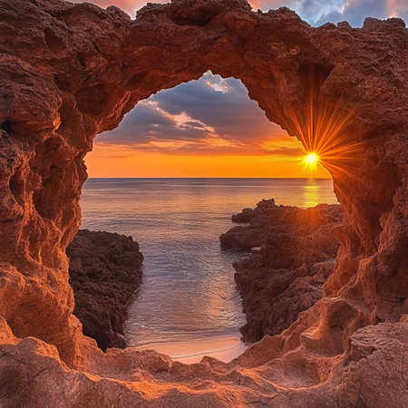 Breathtaking Coastal Landscape Featuring Vibrant Sunset, Waves, and Unique Rock Formation Beautyの素材