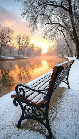 Snowy Park Bench Reflecting the Sunrise Over a Misty Lake, Capturing Winter s Tranquil Beautyの素材