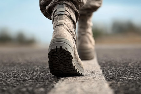 High-Quality Stock Image of Military Boots with Camouflage Print on Asphalt for Duty and Strengthの素材