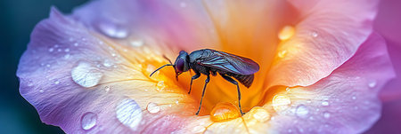 Beautiful Macro Shot of Shiny Insect on Colorful Flower Petal with Raindrops in Springの素材