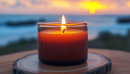 Warmth and Tranquility Illuminated Amber Candle Aglow, Offering Comfort and Relaxationの素材