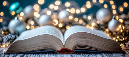 Open Christmas Book Surrounded by Silver Baubles and Glowing Holiday Lights for Festive Celebrationの素材