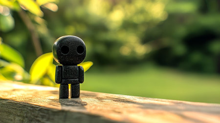 Mysterious Black Stone Robot Figurine on a Weathered Wooden Fence in a Lush Garden Settingの素材