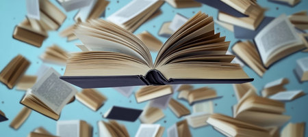 Open book mid-air surrounded by floating volumes with pages in dynamic motion around library hallの素材