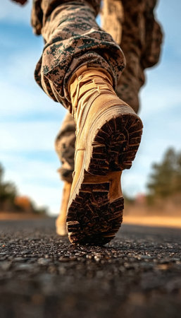 Military Boots Striding on Asphalt Road, Camouflage Uniform in Desert Colors, Low Angle Viewの素材