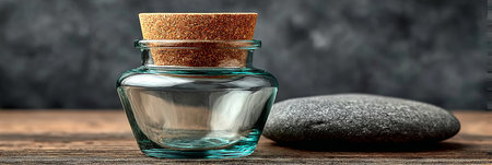Clear Glass Jar with a Brown Cork Lid and a Smooth Black Stone on a Rustic Wooden Table Surfaceの素材