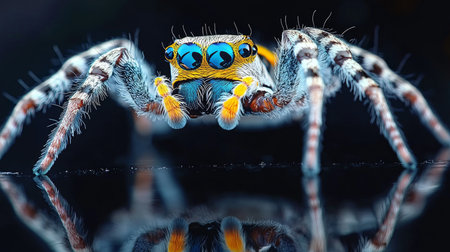 Stunning Macro Image of Vibrant Jumping Spider Showcasing Intricate Patterns and Glossy Reflectionsの素材