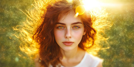 Portrait of a Beautiful Young Girl with Ginger Hair and Magical Sunlight Flare Effects in Backgroundの素材