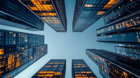 Stunning Low-Angle View of Illuminated Skyscrapers in an Urban Jungle at Night, Modern Architectureの素材