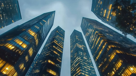 Stunning Cityscape at Dusk Skyscrapers Reflecting Golden Twilight in a Vibrant Urban Landscapeの素材
