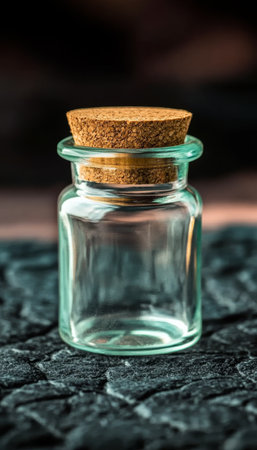 Rustic Glass Jar with Cork Stopper, Empty Vial on Dark Pedestal, Perfect for Spices and Herbs.の素材
