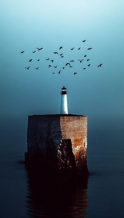 Majestic Lighthouse Standing Tall Amidst Calm Waters, Surrounded by Soaring Birds in Soft Hazeの素材