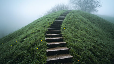 Majestic Stone Stairway Ascending Into Mist Over Lush Green Hill, Symbolizing Ambition and Mysteryの素材