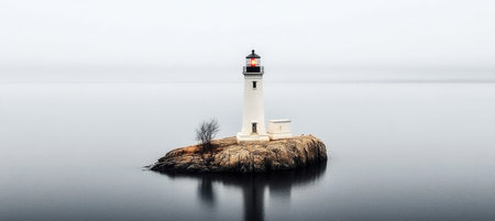 Isolated Lighthouse on Rocky Island Surrounded by Ethereal Fog in a Calm Oceanic Seascapeの素材