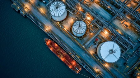Dramatic night view of an oil terminal with storage tanks and tanker, showcasing marine logisticsの素材