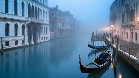 Venice s Timeless Charm Enigmatic Gondolas Gliding Through Misty Canals at Dawn in Italyの素材
