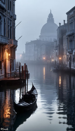 Enchanting Early Morning in Venice Serene Canal with Floating Gondola and Majestic Dome Reflectionsの素材