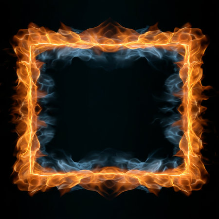 Fiery Vortex Display with Luminous Square Border on Black Background for Stunning Adsの素材