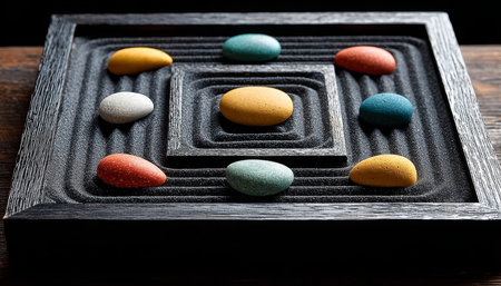 Peaceful Zen Garden with Raked Sand Patterns and Colorful Stones for Tranquility and Harmonyの素材