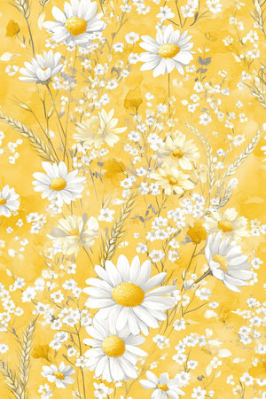 Botanical Harmony A Soft Watercolor Illustration of Daisies and Wheat in Muted Light Yellow Tonesの素材