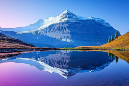 Tranquil Reflections of Majestic Mountains and Clear Blue Skies on Serene Lake Waters in Natureの素材