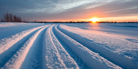 Breathtaking winter wonderland with snowmobile trails through pristine white landscapes at sunset.の素材