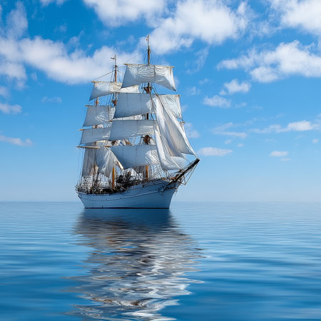 Majestic White Sailing Ship Gliding Gracefully Across Turquoise Waters Beneath a Clear Blue Skyの素材