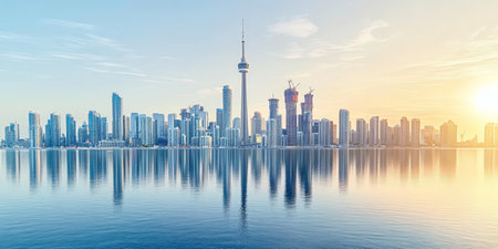Stunning Cityscape Reflection on Water at Sunset Toronto Skyline with Skyscrapers and Modern Beautyの素材