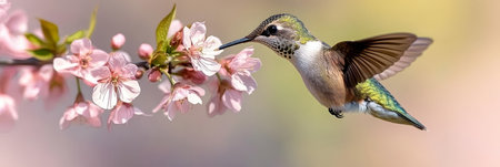 Vibrant Hummingbird Feeding on Bright Pink Blossoms in Springtime Nature Scene with Flowersの素材