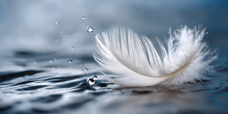 Gentle Serenity A White Feather Floating on Calm Water with Droplets, Symbolizing Inner Peace.の素材